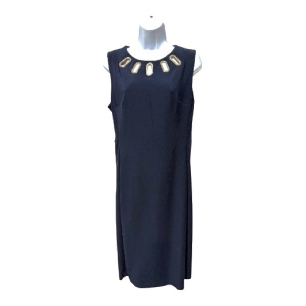 Joseph Ribkoff Navy Sheath Dress Size 12 Gold Cutout Neckline • Lined • Elegant